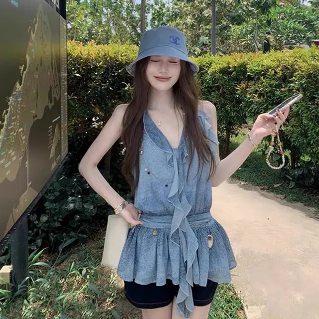 格子苔 木耳边设计感系带简约通勤吊带 女款