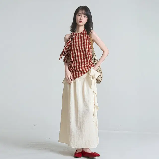 格子苔 韩式不规则挂脖无袖格子背心上衣半身裙两件套裙装套装 女款