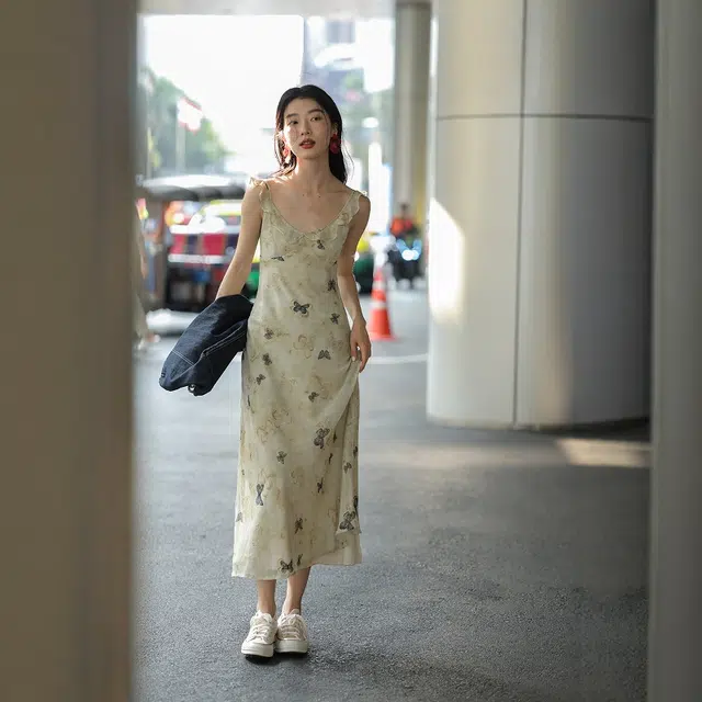 格子苔 新中式碎花法式纯欲温柔无袖裙子度假长裙吊带连衣裙 女款
