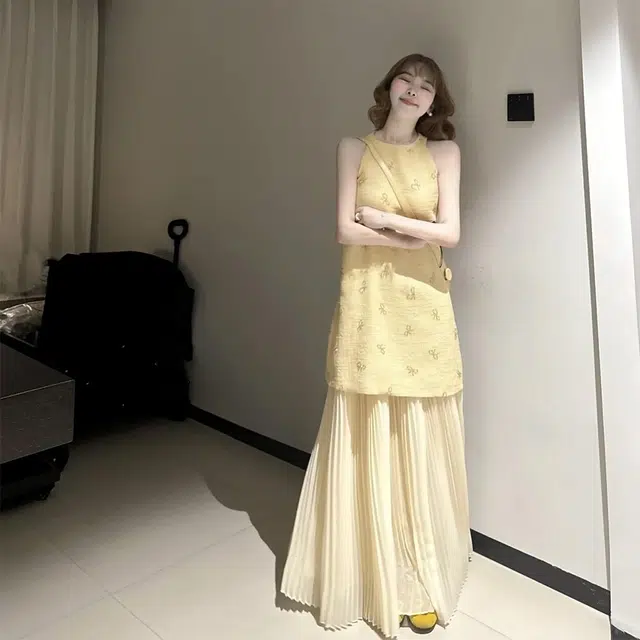 格子苔 小香风重工巨好看订婚礼服假两件背心生日裙子无袖连衣裙 女款