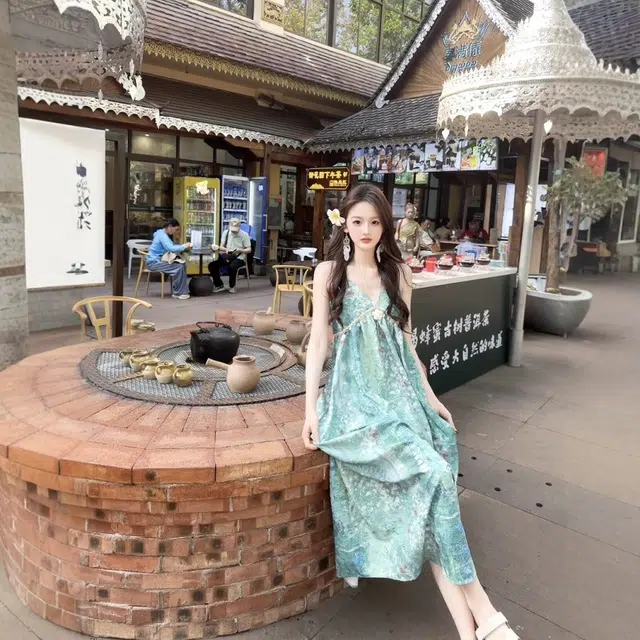 格子苔 绿野仙踪森系女夏晕染碎花裙云南泰国海边度假长裙吊带连衣裙 女款