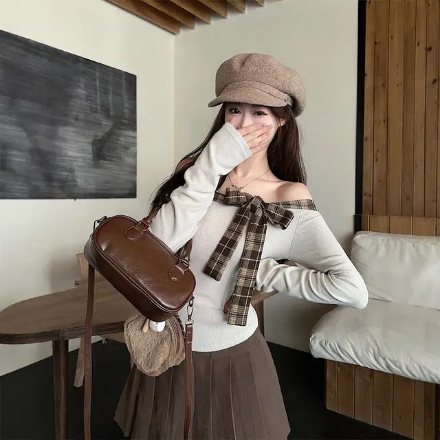格子苔 甜辣格纹拼接一字肩蝴蝶结修身长袖针织衫 女款