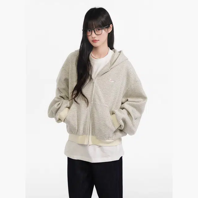 格子苔 美式复古慵懒风条纹连帽女春秋小狗刺绣拉链开衫外套卫衣 女款