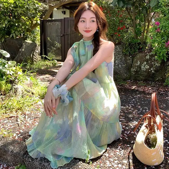 格子苔 夏季扎染绑带蓬蓬裙高级感小众宽松显瘦少女初恋气质女无袖连衣裙 女款
