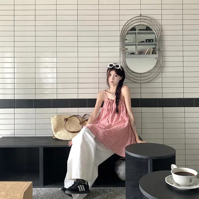 格子苔 多巴胺海边度假风格子舒适中长款吊带 女款