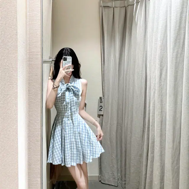 格子苔 法式甜美格子蝴蝶结气质百褶短裙无袖连衣裙 女款