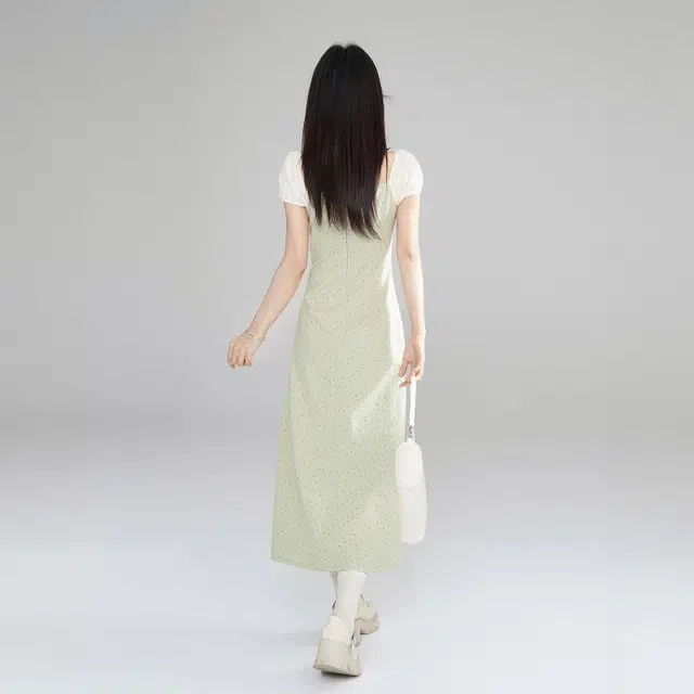 格子苔 方领女夏季收腰显瘦气质拼色长裙子短袖连衣裙 女款