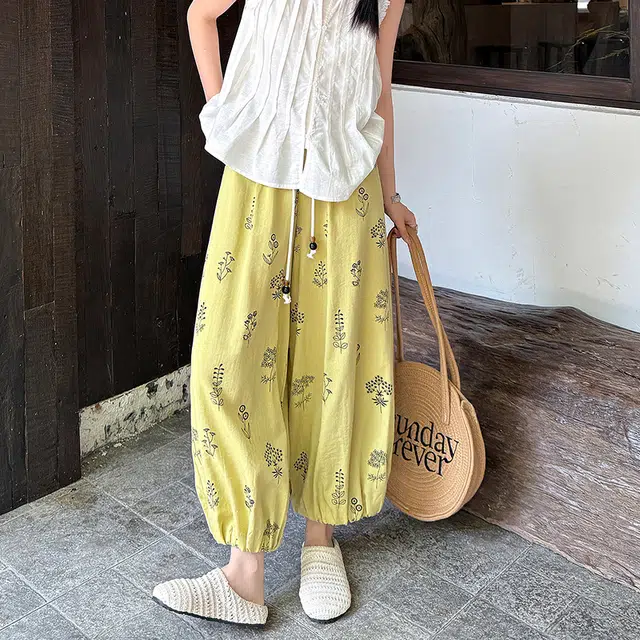 格子苔 法式印花棉麻八九分裤女夏薄款小个子显瘦宽松垂感冰丝灯笼裤 休闲裤 女款