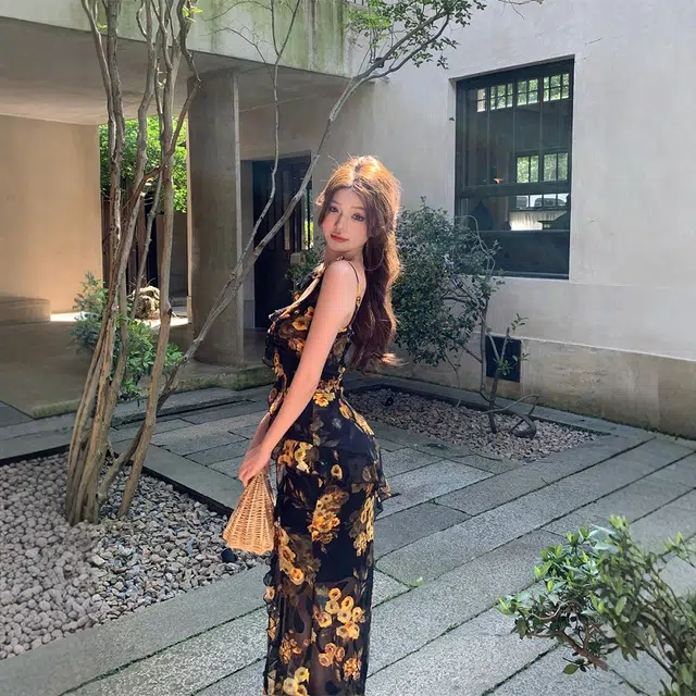 格子苔 复古荷叶边碎花女夏季鱼尾裙修身收腰开叉长裙包臀裙子吊带连衣裙 女款