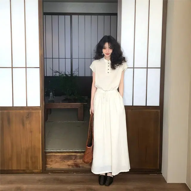 格子苔 纽扣短袖上衣松紧腰半身裙新中式国风两件裙装套装 女款