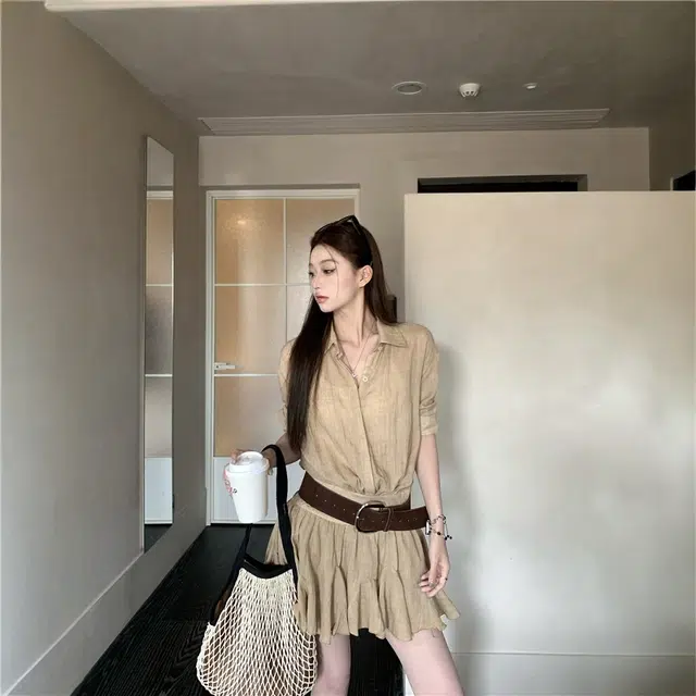 格子苔 高级感显瘦翻领衬衫女夏季复古气质百褶裙短裙短袖连衣裙  女款