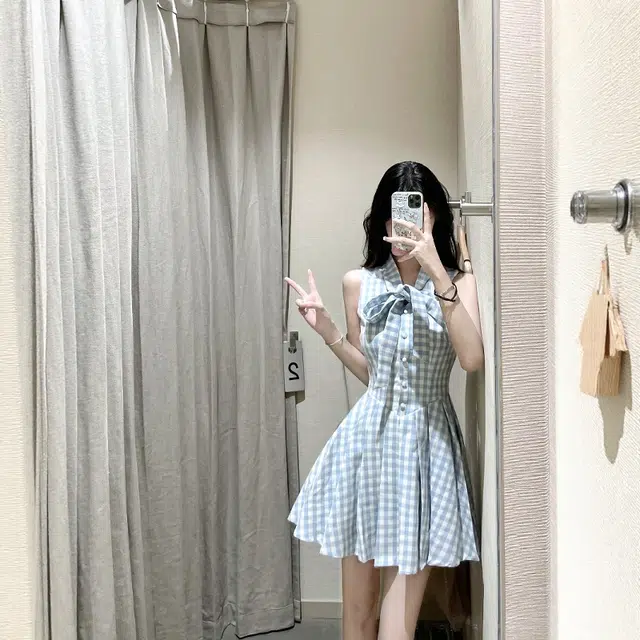 格子苔 法式甜美格子蝴蝶结气质百褶短裙无袖连衣裙 女款