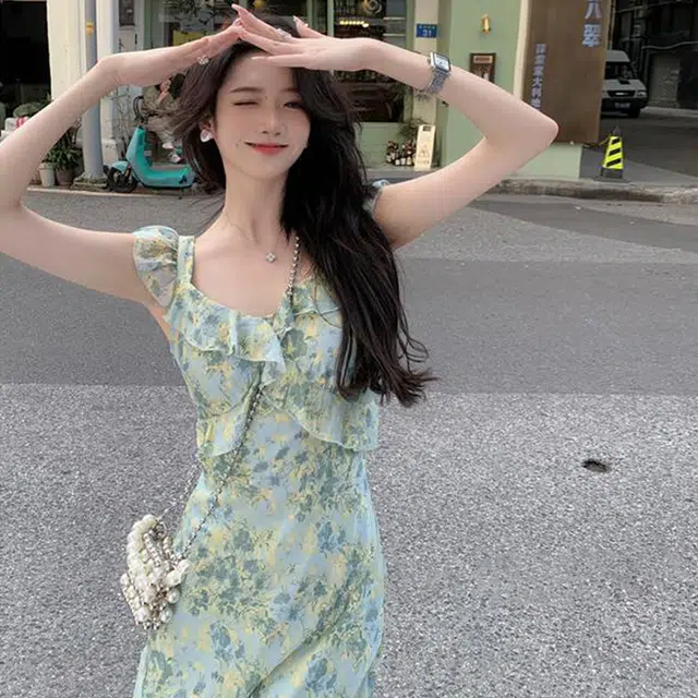 格子苔 法式碎花夏季海边度假沙滩长裙短袖连衣裙 女款