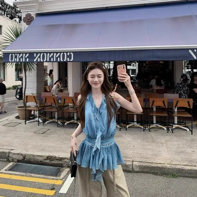 格子苔 木耳边设计感系带简约通勤吊带 女款