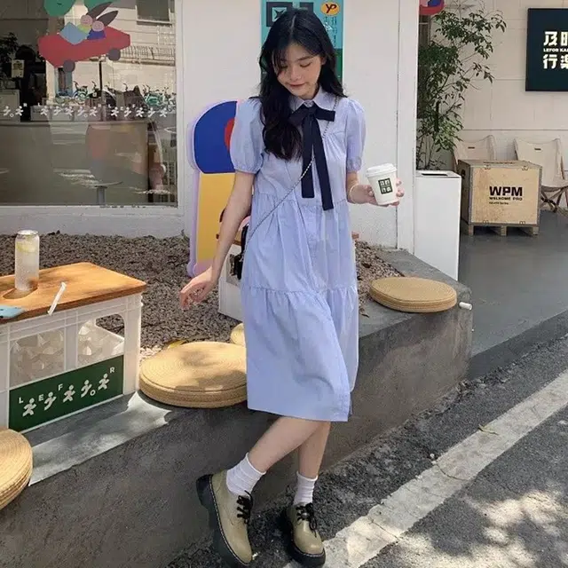 格子苔 宽松显瘦减龄学院风中长裙短袖连衣裙 女款