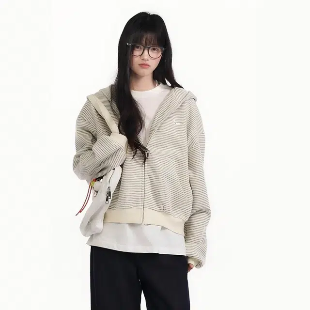 格子苔 美式复古慵懒风条纹连帽女春秋小狗刺绣拉链开衫外套卫衣 女款