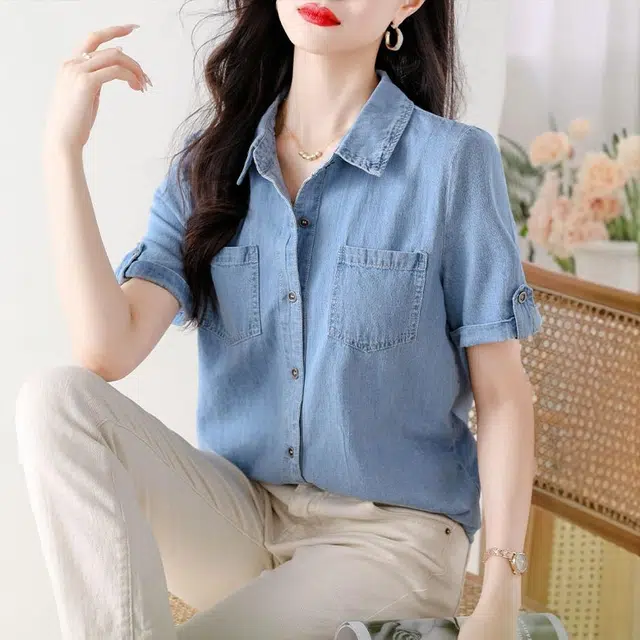 格子苔 设计感时尚翻边袖子清新百搭短袖上衣衬衫 女款