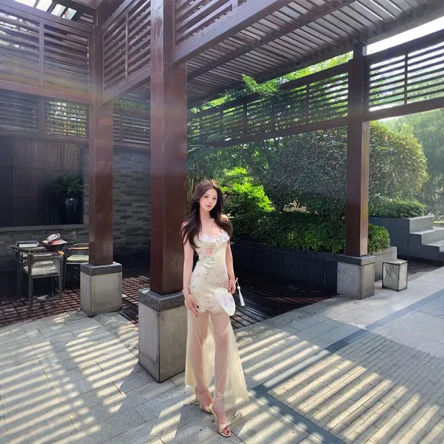 格子苔 荷叶边法式印花女夏季网纱拼接收腰裙子温柔风包臀长裙 吊带连衣裙 女款