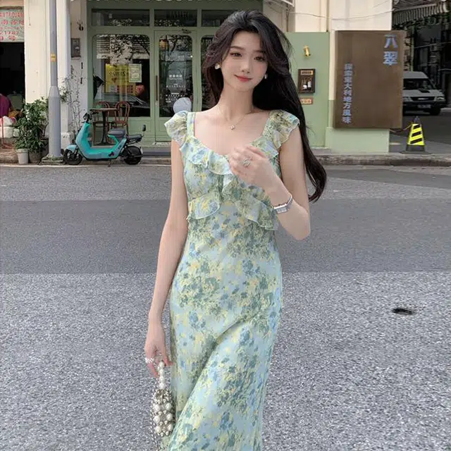 格子苔 法式碎花夏季海边度假沙滩长裙短袖连衣裙 女款