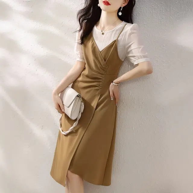 格子苔 法式优雅收腰显瘦假两件雪纺拼接中长款短袖连衣裙 女款