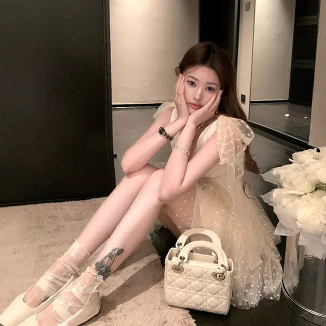 格子苔 法式波点裙夏高级感网纱蓬蓬鱼骨无袖连衣裙 女款