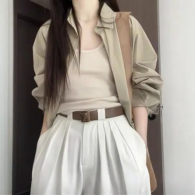 格子苔 通勤穿搭纯色法式简约休闲短袖衬衫 女款