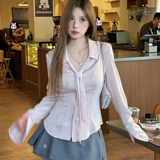 格子苔 辣妹收腰显瘦纯色长袖衬衫 女款
