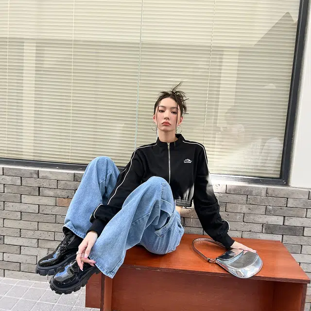 格子苔 美式学院风刺绣宽松长袖卫衣 女款