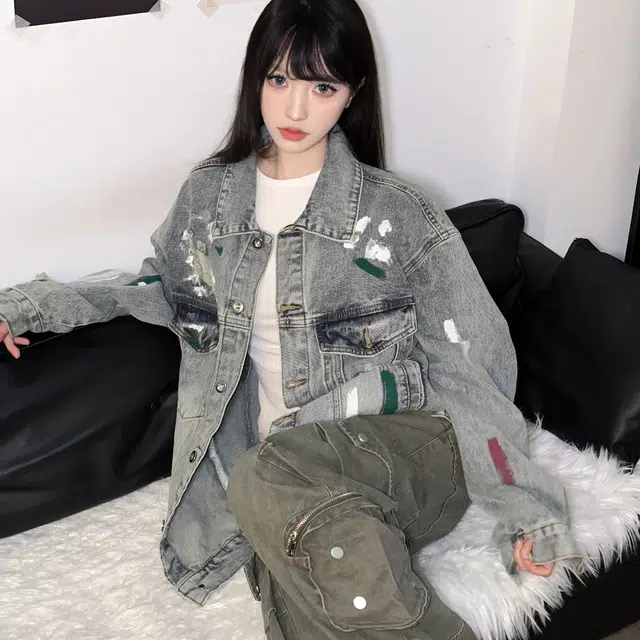 沐诚阳译 美式复古嘻哈街头做旧扎染破洞宽松时尚长袖牛仔外套 男女同款
