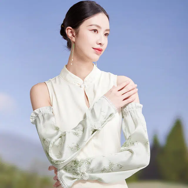 红豆 真丝春夏缎面印花宽松复古遮阳袖套 桑蚕丝 防晒袖 女款