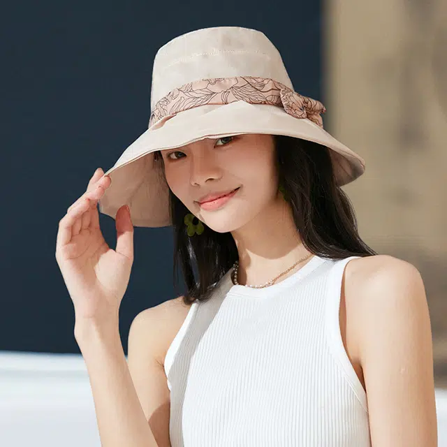 红豆 遮阳帽春夏户外防紫外线可折叠帽子印花蝴蝶结太阳帽 聚酯纤维 防晒帽 女款