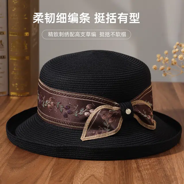 红豆 遮阳帽春夏户外防紫外线草帽可折叠蝴蝶结太阳帽轻柔透气 聚酯纤维 防晒帽 女款