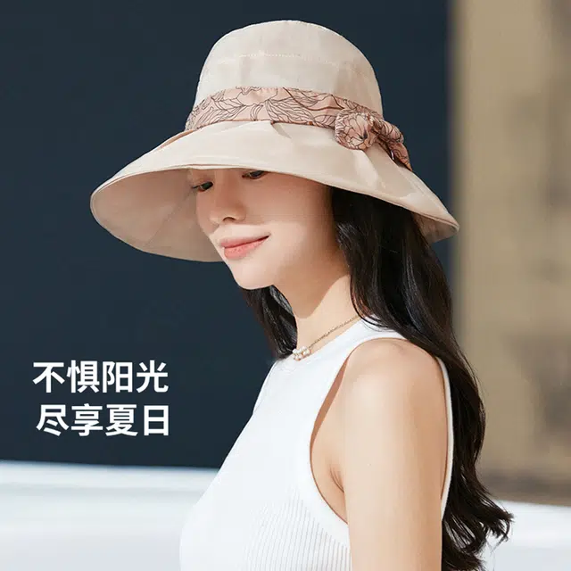 红豆 遮阳帽春夏户外防紫外线可折叠帽子印花蝴蝶结太阳帽 聚酯纤维 防晒帽 女款