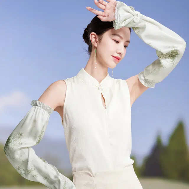 红豆 真丝春夏缎面印花宽松复古遮阳袖套 桑蚕丝 防晒袖 女款