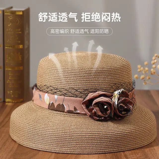 红豆 遮阳春夏户外防紫外线草帽可折叠太阳帽优雅时尚 聚酯纤维 防晒帽 女款