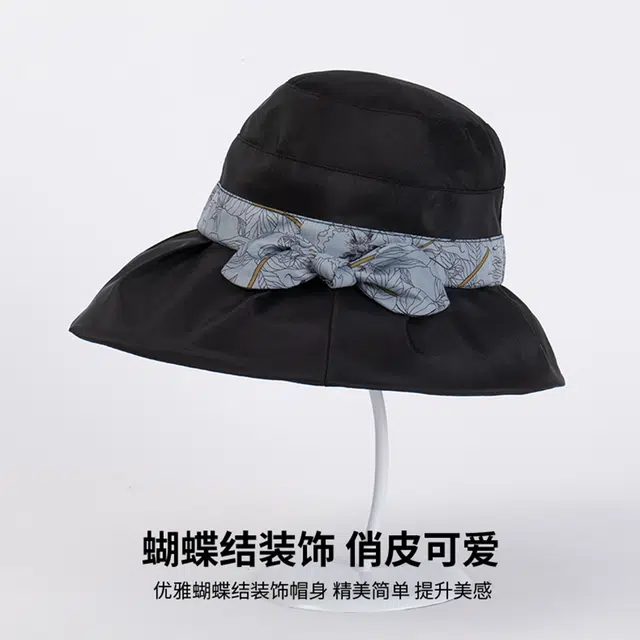 红豆 遮阳帽春夏户外防紫外线可折叠帽子印花蝴蝶结太阳帽 聚酯纤维 防晒帽 女款