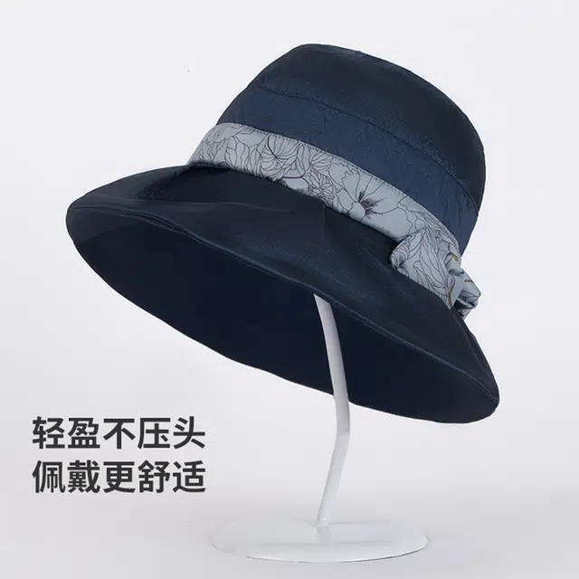 红豆 遮阳帽春夏户外防紫外线可折叠帽子印花蝴蝶结太阳帽 聚酯纤维 防晒帽 女款