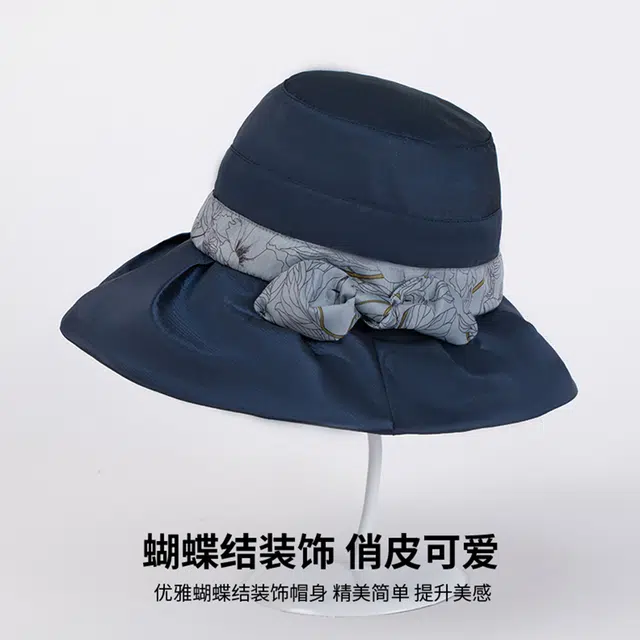 红豆 遮阳帽春夏户外防紫外线可折叠帽子印花蝴蝶结太阳帽 聚酯纤维 防晒帽 女款