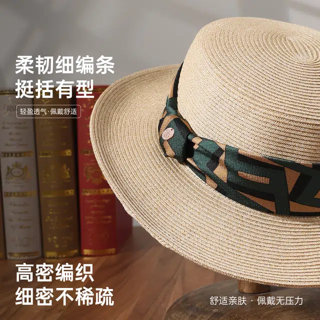 红豆 遮阳帽春夏户外防紫外线草帽可折叠帽子蝴蝶结太阳帽 聚酯纤维 防晒帽 女款