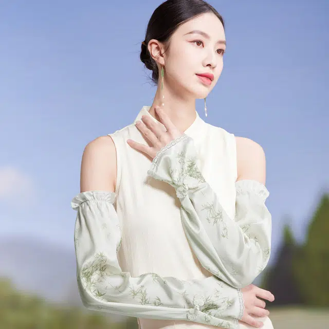 红豆 真丝春夏缎面印花宽松复古遮阳袖套 桑蚕丝 防晒袖 女款