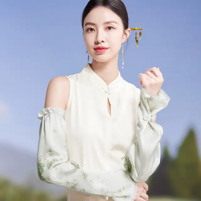 红豆 真丝春夏缎面印花宽松复古遮阳袖套 桑蚕丝 防晒袖 女款