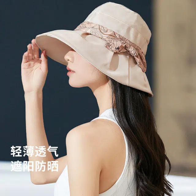 红豆 遮阳帽春夏户外防紫外线可折叠帽子印花蝴蝶结太阳帽 聚酯纤维 防晒帽 女款