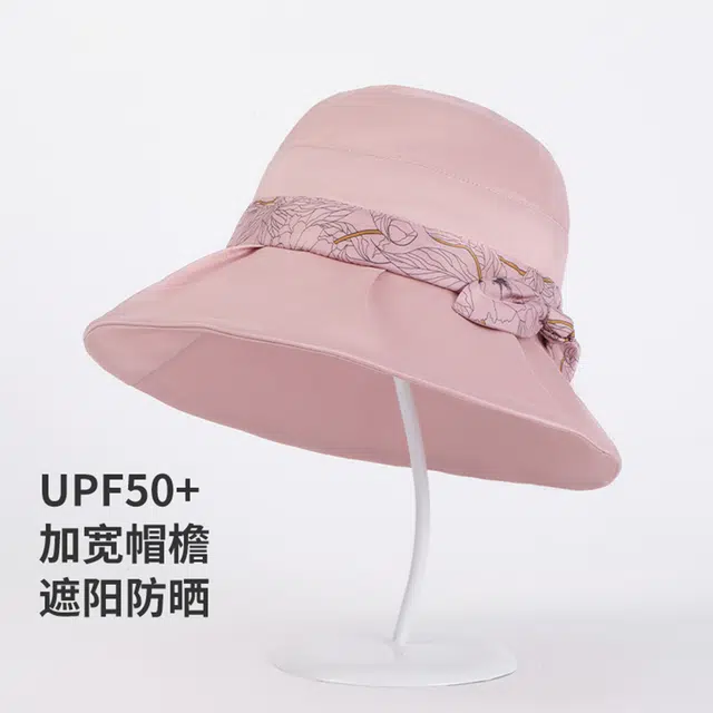 红豆 遮阳帽春夏户外防紫外线可折叠帽子印花蝴蝶结太阳帽 聚酯纤维 防晒帽 女款