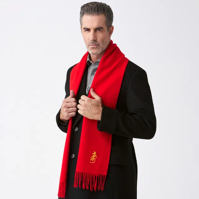 红豆 精美柔软喜庆传统文化舒适保暖 羊毛 绒线围巾 男女同款情侣款