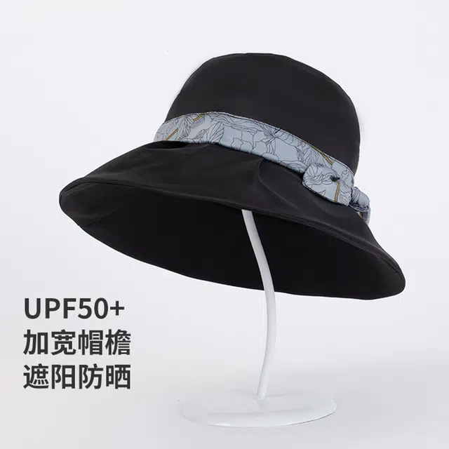 红豆 遮阳帽春夏户外防紫外线可折叠帽子印花蝴蝶结太阳帽 聚酯纤维 防晒帽 女款