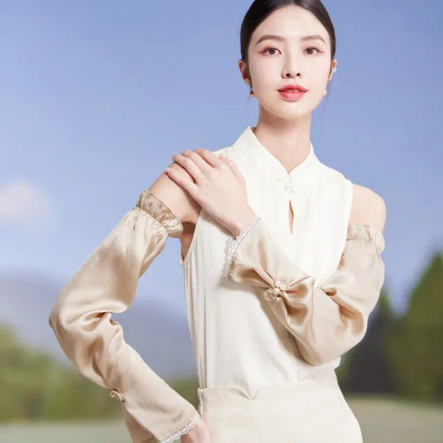 红豆 真丝冰袖春夏缎面顺滑宽松复古遮阳袖套 桑蚕丝 防晒袖 女款