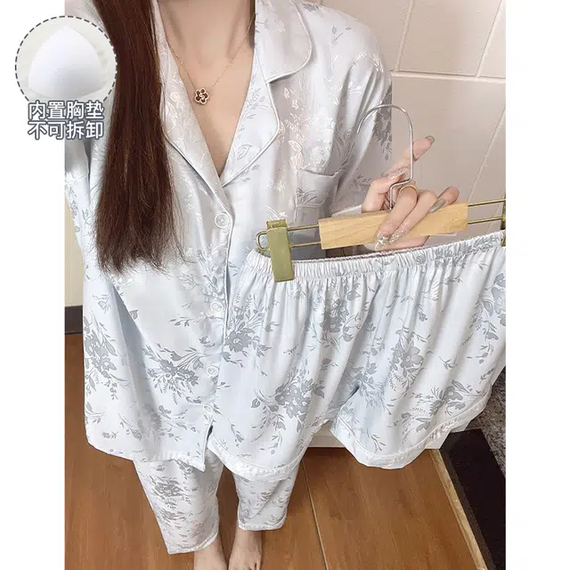 欧诗帛 带胸垫韩版凉感短袖可外穿家居服短裤长裤睡衣套装 女款