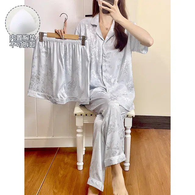 欧诗帛 带胸垫韩版凉感短袖可外穿家居服短裤长裤睡衣套装 女款