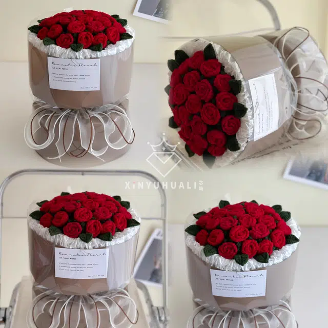 歌绒 成品针织毛线花多头泡泡 玫瑰花束 玩偶周边