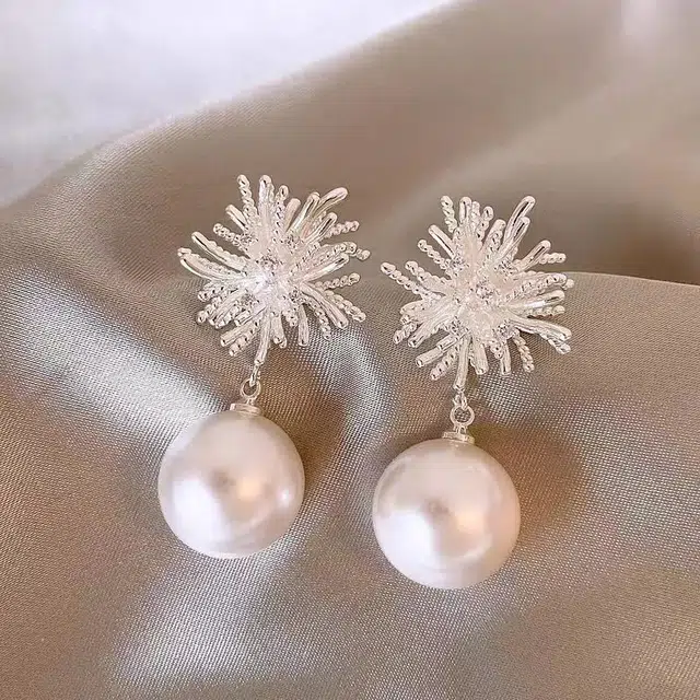 澜耀 银色烟花珍珠耳坠 小众素款欧若精灵风高级感耳饰 合金 耳环 女款